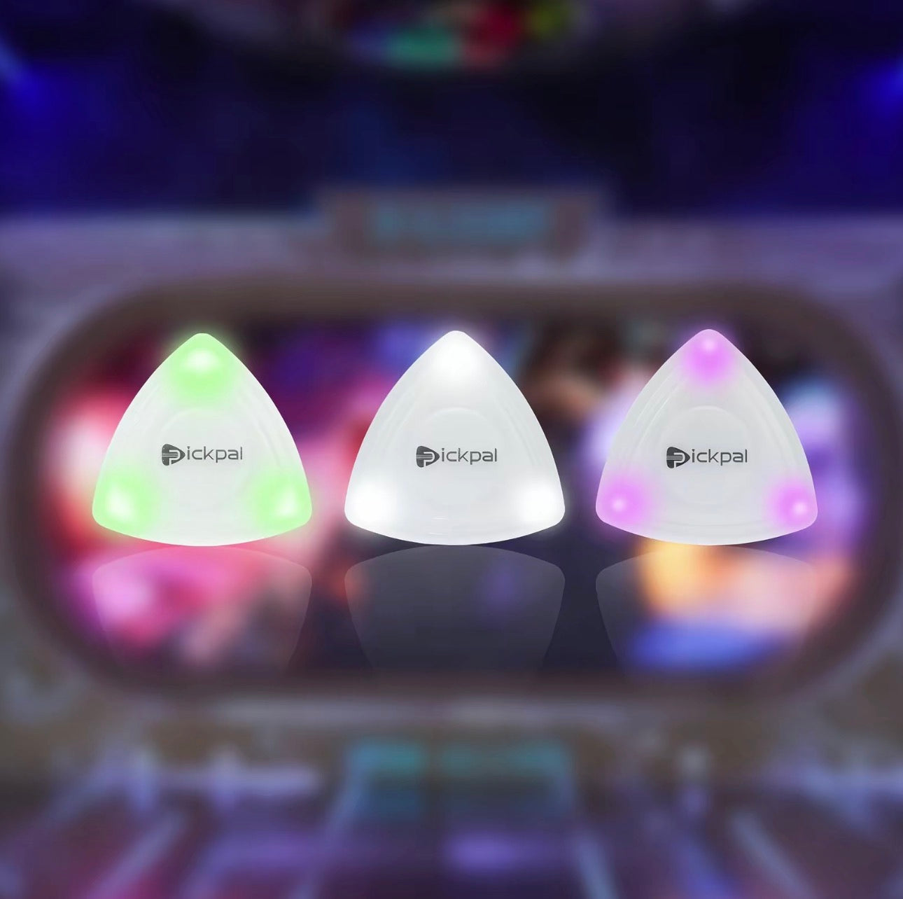 LED picks glowing in green, white and pink